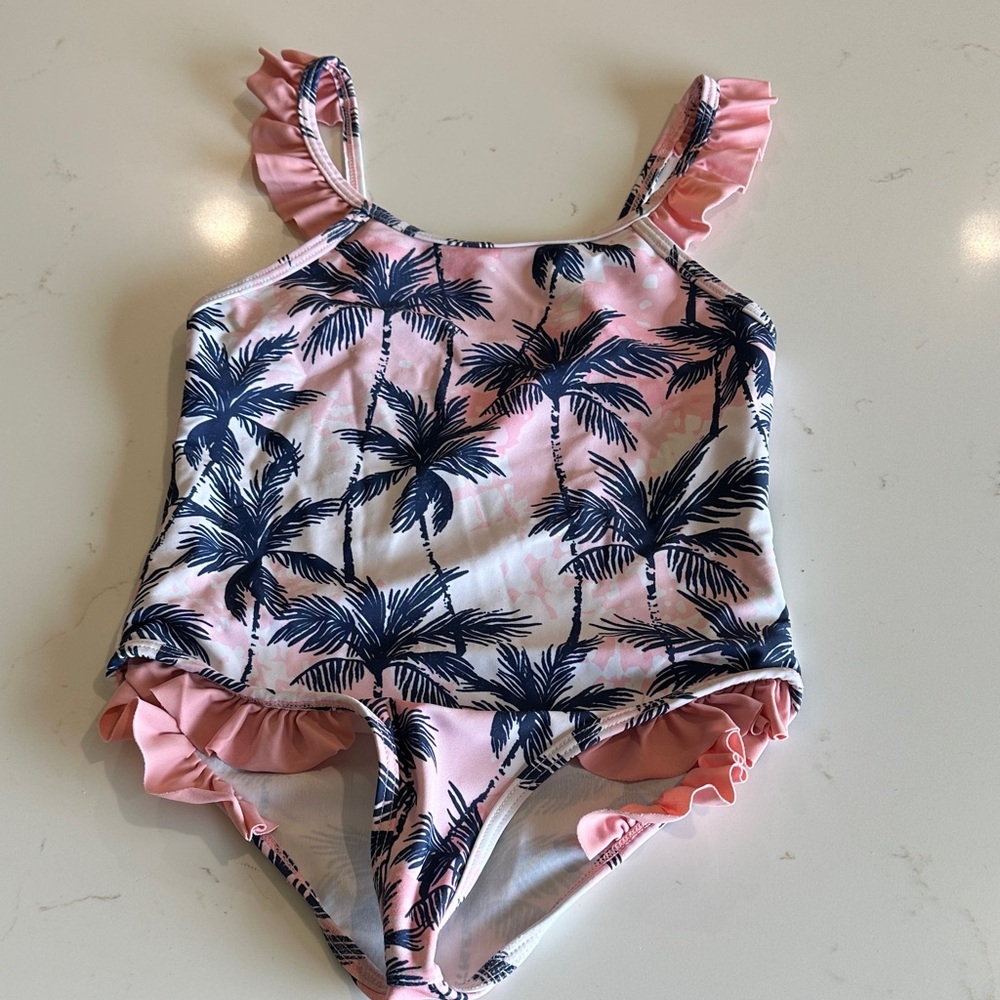 Girls Pink Palm Tree Ruffle One-Piece Swimsuit